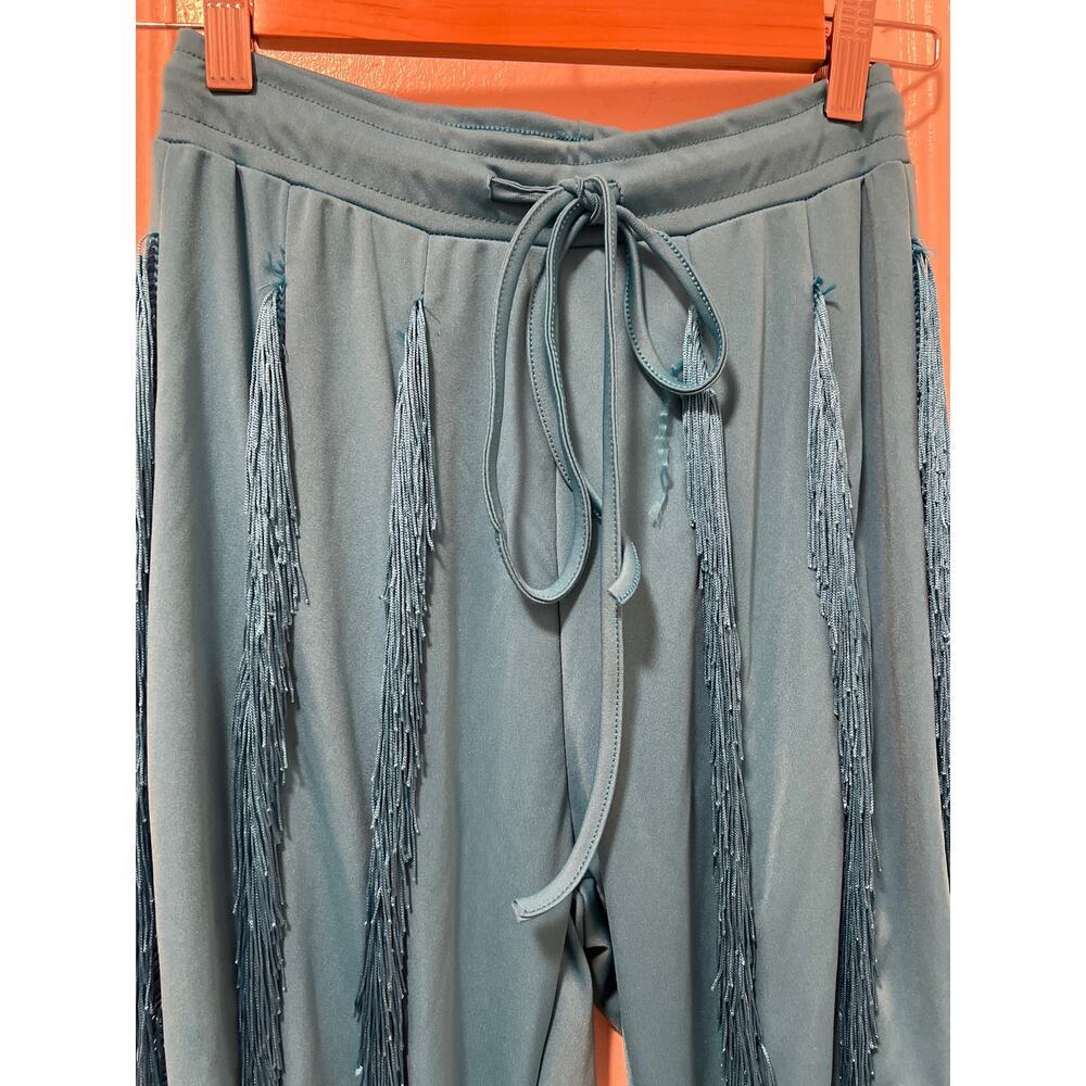 Women's Boho Drawstring Waist Long Fringe Tassel Pants Blue Size S - Picture 5 of 13